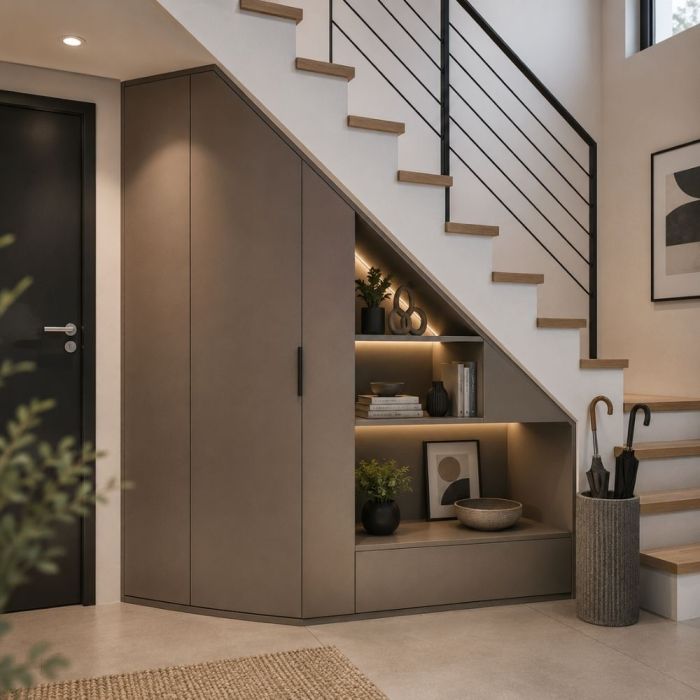 Meuble sous escalier taupe